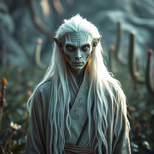 The image depicts a highly detailed, computer-generated fantasy character that appears to be inspired by Asian mythology. The character has a distinctly otherworldly appearance with long, flowing white hair and pointed ears, giving it an elf-like or alien quality. Its skin is a bluish-gray hue, and it has striking yellow eyes. The character's face is marked by deep wrinkles on the forehead, adding to its ancient and wise demeanor. It is dressed in a traditional Asian-style robe that is light gray with darker gray symbols and a black stripe running down the middle. The robe is cinched at the waist with a brown rope belt. The background is blurred but suggests a desert-like environment with cacti and possibly some flowers, enhancing the character's mystical and exotic aura.