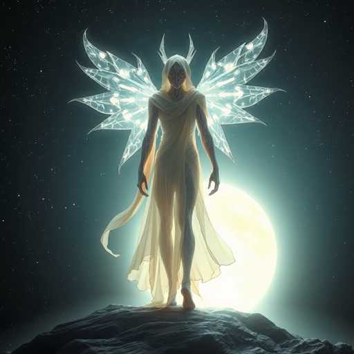 The image depicts a striking, otherworldly woman standing on a dark, rocky surface. She is adorned in a sheer, white gown that drapes elegantly around her form, with a hood that covers her head. Her skin is a light blue color, and her eyes are a mesmerizing golden hue. She has two pairs of translucent, white wings extending from her back, each pair featuring five pointed tips. Her arms hang down by her sides, with her hands slightly open. Behind her, a large, glowing white moon illuminates the scene, casting a soft light that highlights her figure. The background is a deep, dark blue night sky filled with numerous stars, creating a mystical and ethereal atmosphere. The overall composition suggests a blend of fantasy and sci-fi elements, evoking a sense of otherworldly beauty and mystery.