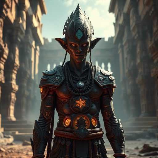 This image depicts a highly detailed, computer-generated character that appears to be from a video game or animated series. The character is a dark-skinned, elf-like humanoid with distinct pointed ears and a striking headdress that resembles a crown adorned with spikes and a prominent blue diamond at the front. The character's eyes are glowing, adding to their otherworldly appearance. They are clad in elaborate, dark armor that includes a breastplate featuring a glowing yellow star and additional glowing elements on the shoulders and belt. The character also wears a necklace with a large pendant. The background showcases a grand, ancient stone castle with tall, imposing walls and numerous pillars, suggesting a setting of grandeur and mystery. The overall scene is rich in detail, emphasizing the character's imposing and mystical presence.