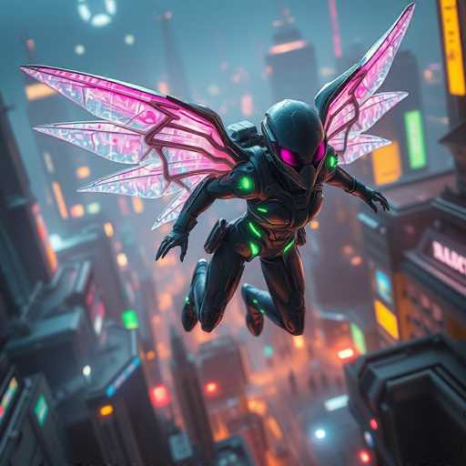 The image depicts a futuristic, AI-generated scene featuring a female character with striking, pink, translucent wings that have black veins running through them. She is clad in a sleek, black suit adorned with green lights on her shoulders, chest, and waist. Her eyes are also pink, matching the hue of her wings. The character appears to be flying or floating above a sprawling cityscape, which is blurred in the background, emphasizing the depth of field. The city below is illuminated with a mix of orange, green, and blue lights, creating a vibrant, neon-lit atmosphere. The buildings are predominantly black, with some displaying signs in various colors, including green, yellow, and blue. The overall scene exudes a high-tech, cyberpunk vibe, with the character seemingly suspended in mid-air, adding to the dynamic and futuristic feel of the image.