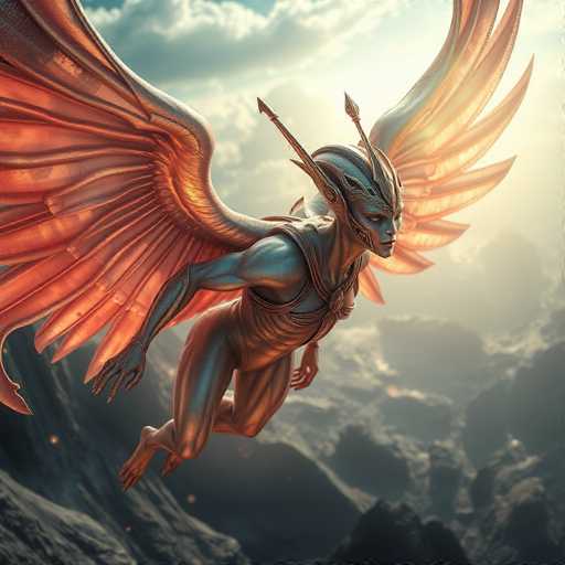 The image depicts a highly detailed, computer-generated fantasy character, possibly from a video game or animated series. The character is a winged humanoid with a distinctly otherworldly appearance. Its skin is a metallic blue, and it has large, intricate wings that are primarily orange with hints of yellow and blue. The character's head features a helmet-like structure with two prominent spikes protruding from the top, and it has long, pointed ears. The eyes are a striking blue, and the mouth is closed, giving it a stoic expression. The character is dressed in a form-fitting, metallic bodysuit that is orange and blue, with a circular emblem on the chest. It is depicted in a dynamic pose, as if flying or running, with its right arm extended behind and its left arm in front. The background showcases a dramatic sky with dark clouds and a bright sun, along with a rocky, mountainous landscape below. The overall scene is vivid and richly colored, emphasizing the character's fantastical nature.