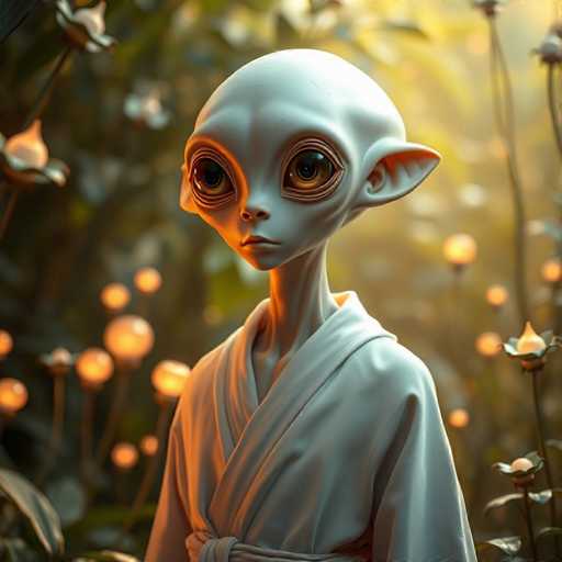 The image depicts a highly detailed, computer-generated alien character standing in a lush, fantastical forest. The alien has a bald, white head with large, expressive brown eyes that feature black pupils and a small nose. Its pointed ears extend outward, adding to its otherworldly appearance. The alien is dressed in a white robe that is tied at the waist, giving it a serene and composed look. The background is filled with tall, green plants and trees, some adorned with glowing, yellowish-orange orbs that resemble flowers or lanterns, creating a mystical atmosphere. The scene is bathed in a soft, yellow light, enhancing the ethereal quality of the environment. The alien stands facing slightly to the left, with its head turned towards the viewer, creating a sense of curiosity and engagement.