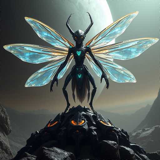This image depicts a fantastical, computer-generated creature that combines elements of a demon, a moth, and a human. The creature stands on a rocky outcrop, its black body adorned with vibrant blue accents. It has six translucent blue wings, three on each side, with intricate gold veins running through them. The creature's head features menacing yellow eyes and two prominent, curved horns that extend upwards and outwards. Its chest is marked by a glowing blue heart, and additional blue markings are visible on its abdomen and the inner parts of its legs. The creature's long, slender arms end in three claw-like fingers, while its legs are thin and bent at the knees, ending in small feet. It appears to be perched on a metallic structure with glowing orange lights, possibly a futuristic throne or a mechanical device. The background is a dark, grayish sky with a large, partially visible moon, and distant mountains can be seen on either side, adding to the otherworldly atmosphere of the scene.