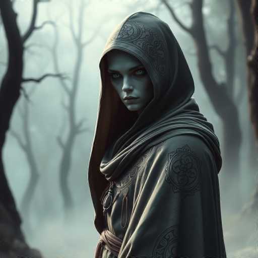 The image depicts a young woman with a striking, otherworldly appearance. She has pale, almost ghostly skin and piercing green eyes that seem to glow with an eerie light. Her lips are a pale shade, adding to her ethereal look. She is dressed in a dark gray robe adorned with intricate black designs, including a prominent flower motif on the shoulder and a circular pattern on the chest. The robe is cinched at the waist with a light brown sash. Her head is covered by a hood that features detailed embroidery along the edges, and the hood itself is a darker shade of gray. The woman is positioned in a side profile, facing left, but her head is turned towards the viewer, creating an intense and captivating gaze. The background is a foggy, misty forest with bare trees, enhancing the mystical and slightly ominous atmosphere of the scene.