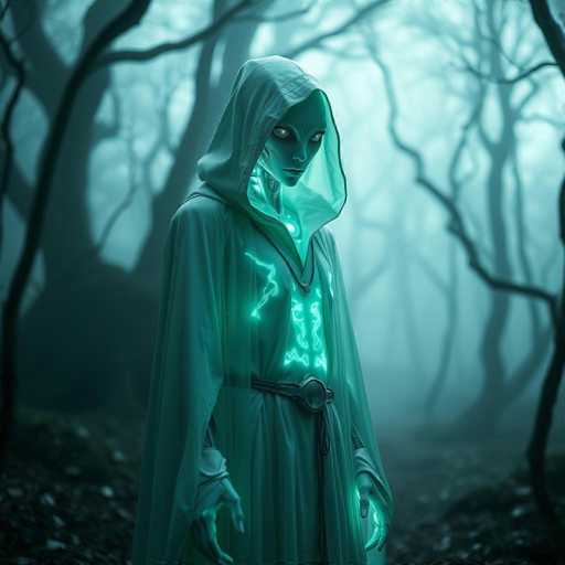 The image depicts a computer-generated alien figure standing in a dense, dark forest. The alien is dressed in a flowing, hooded robe that appears to be made of a sheer, gauzy material. The robe is fastened at the waist with a black belt featuring a prominent buckle. The alien's skin is a striking blue-green color, and it has large, almond-shaped eyes that are also blue-green with no visible pupils. Its face is elongated and narrow, with a small nose and a thin mouth. The alien's hands are visible, and they too share the same blue-green hue. The background is a foggy forest with numerous bare trees, creating an eerie and mysterious atmosphere. The overall color palette of the image is dominated by shades of blue and green, enhancing the otherworldly feel of the scene.