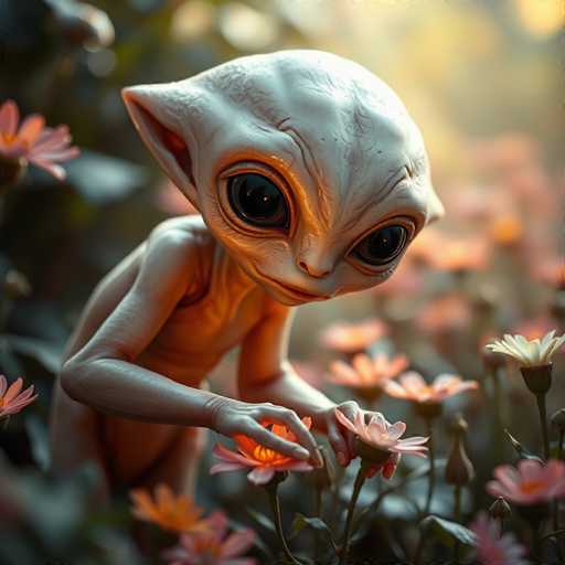 The image depicts a highly detailed, computer-generated alien creature standing in a lush field of flowers. The alien, with its white, wrinkled skin and large, black eyes, has a distinctive head shape reminiscent of a human's but with elongated features. Its long, pointed ears extend from the sides of its head, and its face is marked by a small nose and a mouth that appears to be slightly open. The creature's body is thin and hairless, with its arms bent at the elbows and hands resting gently on the petals of a pink flower. The field around the alien is filled with vibrant flowers, predominantly pink with yellow centers, and some white flowers with yellow centers. The background is blurred, drawing focus to the alien and the flowers it interacts with. The overall scene is bathed in a warm, orange light, adding a surreal glow to the image.