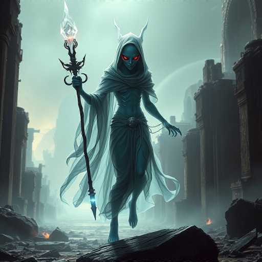 The image depicts a computer-generated, fantasy scene featuring a female demon-like creature standing on a large, dark rock amidst a desolate, post-apocalyptic landscape. The creature has a bluish-gray skin tone and wears a flowing white robe that drapes around her form. Her head is adorned with a hood and two prominent, curved horns that extend backward. Her eyes are strikingly glowing red, adding to her menacing appearance. In her right hand, she wields a staff topped with a glowing crystal, while her left hand is extended outward. The background reveals a ruined cityscape with crumbling buildings and scattered rocks, some of which are ablaze. The sky above is a dark, ominous gray, enhancing the eerie and foreboding atmosphere of the scene.