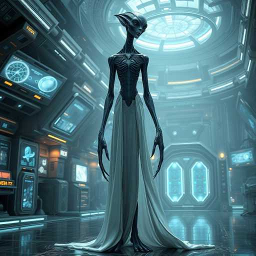 A tall, slender alien figure with a skeletal body and long, delicate hands stands in a futuristic, dimly lit room. The alien wears a flowing, light-colored gown and has large, pointed ears. The background features glowing panels and technological displays in shades of blue and gray, creating a cool, otherworldly atmosphere. The overall style is detailed and digital art-inspired, emphasizing intricate textures and a sense of depth.