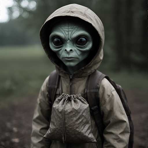 A close-up portrait of an alien child, wearing a beige hooded jacket and brown backpack, looking directly at the viewer with large, dark eyes. The alien's skin is a muted green, and its face has a slightly elongated, humanoid shape. The background is softly blurred, suggesting an outdoor setting with muted green foliage and a dark, slightly out-of-focus environment. The overall lighting is soft and diffused, creating a somewhat mysterious and otherworldly atmosphere.