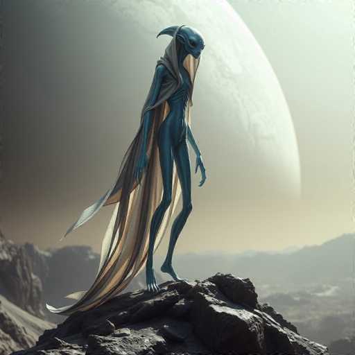 The image depicts a highly detailed, computer-generated scene of an otherworldly alien standing on a rocky outcrop. The alien, with a humanoid form, is predominantly blue with a scaly texture and has long, slender limbs. Its head features a distinctive fin-like structure, reminiscent of a shark's dorsal fin, and it has large, almond-shaped eyes. The creature is draped in a sheer, translucent robe that extends from its neck down to the ground, billowing in the wind. The background showcases a vast, rocky landscape under a sky dominated by a large, partially shadowed moon, adding to the alien and surreal atmosphere of the scene.