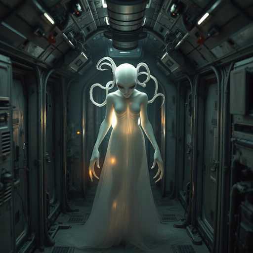 The image depicts an ethereal figure with white hair and tentacles, standing in a dimly lit room with metal walls and a large window on the right side of the frame. The figure is dressed in a long white dress that flows down to its feet, creating a sense of movement as it stands alone in the space. The overall style of the image can be described as surreal or dreamlike, with an emphasis on the fantastical elements present within the scene.