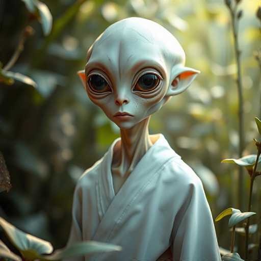 A close-up portrait of an alien humanoid figure, rendered in a digital painting style. The alien has a smooth, pale grey skin with subtle texture, large, dark eyes that are slightly wide and expressive, a small nose, and delicate, pointed ears. The figure is wearing a simple white robe or garment that drapes loosely around its body, with the sleeves gathered at the wrists. The background is softly blurred, suggesting a natural setting with lush green foliage and hints of warm light filtering through. The overall lighting is soft and diffused, highlighting the alien's features and creating a serene atmosphere. The focus is sharp on the alien's face, drawing attention to its gentle expression and large eyes.