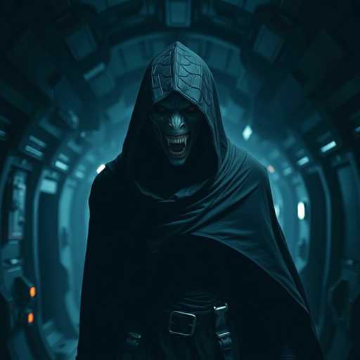 The image depicts a menacing vampire-like creature standing in the center of a futuristic, spaceship-like environment. The creature's face is grayish-green, with sunken red eyes and a wide, toothy grin revealing sharp fangs. It wears a black hooded cloak with a textured, scale-like pattern on the top, and a black belt with a silver buckle around its waist. The background features a circular, metallic tunnel with blue and gray lighting, giving the impression of a high-tech, possibly alien setting. The overall color palette is dominated by dark tones, with shades of black, gray, and blue, enhancing the eerie and sinister atmosphere of the scene.