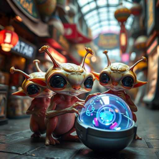 The image depicts three alien figurines arranged on a black surface with the background blurred and filled with various signs and advertisements. The figurines have large eyes and antennae, giving them an otherworldly appearance. One of the figurines is holding a blue orb in its hands, while another figurine has a small green orb in front of it.