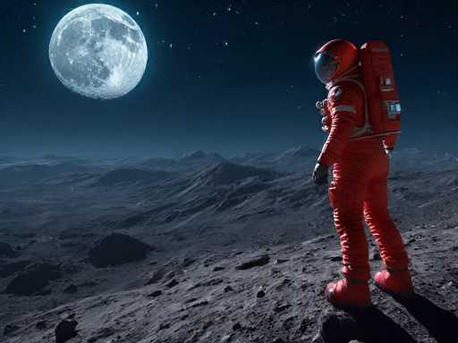 In this detailed and realistic digital artwork, an astronaut in a bright red spacesuit stands on the rocky, gray surface of a distant planet, possibly the moon. The astronaut, positioned on the right side of the image, is facing away from the viewer, gazing towards the left where a large, detailed moon dominates the upper left corner of the scene. The moon's surface is depicted with craters and varying shades of gray, illuminated by a light source that casts a glow around it. The sky above is a deep, dark blue, dotted with numerous stars, enhancing the sense of vastness and isolation. The astronaut's suit includes a reflective helmet, a red backpack with a silver square, and black gloves, adding to the authenticity of the space exploration theme. The overall composition captures the serene yet desolate beauty of an extraterrestrial landscape under the vast expanse of space.