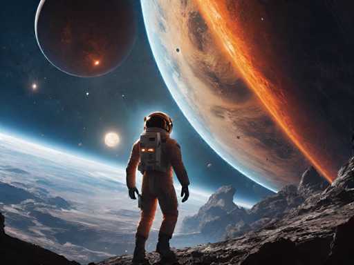 The image depicts an astronaut standing on a rocky surface with their back facing the camera and looking towards the sky. The astronaut is wearing a white spacesuit and has a backpack on their shoulders. In the background, there are two planets - one red and one blue - as well as several stars scattered across the scene.