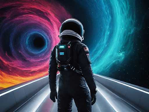 The image depicts a highly detailed, computer-generated scene of an astronaut in a black space suit with a reflective helmet, standing on a metallic, silver-white walkway that extends into the distance. The astronaut's suit features an American flag patch on the left shoulder and a backpack with a glowing blue light. The walkway is bordered by low walls on either side, and the astronaut is positioned with their back to the viewer, gazing into the vastness of space.

To the left of the astronaut, a mesmerizing galaxy swirls in vibrant hues of pink, purple, blue, and orange, with a dark center that draws the eye. On the right side, another galaxy appears in shades of blue and green, also with a dark core. The background is filled with countless stars, enhancing the cosmic atmosphere. The overall composition suggests a futuristic, possibly science fiction setting, with the astronaut seemingly on a mission to explore these stunning celestial bodies.
