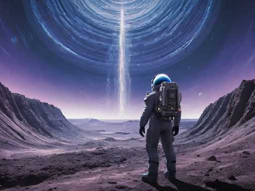The image depicts an astronaut in a gray spacesuit with a large, reflective blue helmet, standing on a barren, rocky surface that resembles the moon or an alien planet. The astronaut is positioned in the foreground, facing away from the viewer, and appears to be gazing towards a dramatic sky. The sky features a striking, bright white beam of light emanating from the horizon, piercing upwards and surrounded by concentric circles of blue and purple hues. The scene is framed by jagged, gray cliffs on either side, adding to the desolate and otherworldly atmosphere. The overall composition suggests a moment of exploration and wonder, as the astronaut stands amidst this surreal, extraterrestrial landscape.