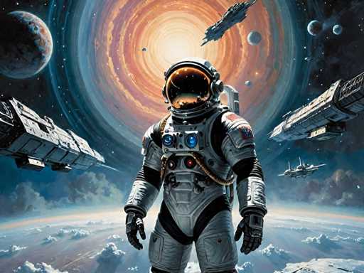 The image depicts an astronaut standing on a platform with their arms outstretched and legs bent at the knees, facing towards the right side of the frame. The background features a large circle filled with planets and stars, creating a sense of depth and vastness. In the foreground, there are two ships floating in space, one larger ship positioned to the left and another smaller ship on the right side of the image.
