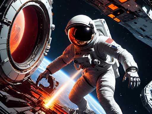 In this detailed image, an astronaut is depicted in a white spacesuit with a black visor, floating in the vastness of space. The astronaut is positioned in front of a large circular opening, likely a bay door, on a spacecraft. The suit features an American flag on the left arm and a blue patch on the right arm. The astronaut's gloved hands are extended, with the right hand reaching towards a red and orange light emanating from the spacecraft's structure. The background reveals a dark blue sky dotted with stars, and the faint outline of a planet, possibly Earth, can be seen below. The scene is illuminated by the spacecraft's lights, casting a glow on the astronaut and the surrounding area. The image captures the essence of space exploration with its realistic and detailed portrayal.