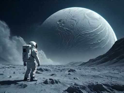 A person dressed as an astronaut stands on a rocky surface with their back facing the camera and a large planet with swirling patterns in the background.