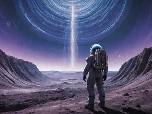 The image depicts an astronaut standing on a rocky surface with their back facing the camera and looking towards the sky. The sky is filled with stars and a large spiral structure that appears to be emitting light from its center. The astronaut's backpack is visible near them.