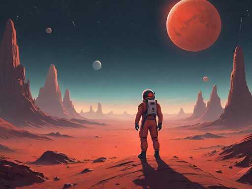 The image depicts an astronaut standing on a rocky surface with their back facing the camera and looking towards the horizon. The background features a dark sky filled with red planets and stars, creating a sense of depth and vastness.