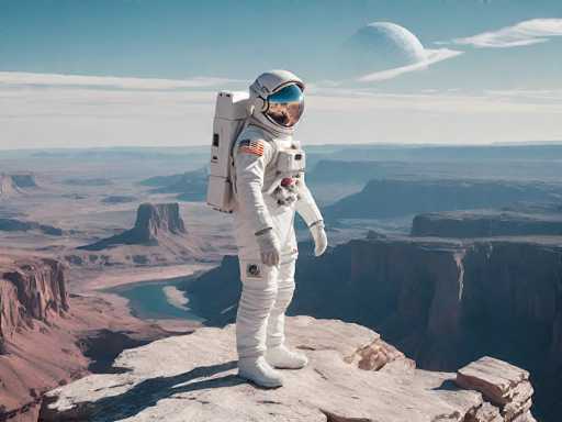 A lone astronaut in a white spacesuit stands on a rocky, red-brown cliff overlooking a vast, desolate landscape. The astronaut is facing away from the viewer, gazing out at the expansive vista. A large, pale blue planet hangs in the sky above, partially obscured by clouds. The landscape below is a mix of canyons and mesas, with a winding river visible in the distance. The sky is a clear, pale blue with wispy clouds. The astronaut's helmet has a reflective visor, and the spacesuit is detailed with various equipment and markings. The overall scene evokes a sense of solitude, exploration, and the vastness of space.