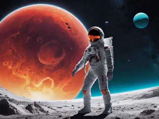A lone astronaut stands on a desolate, rocky surface of Mars, gazing at the massive, reddish-orange planet dominating the sky. The astronaut is clad in a white spacesuit with a reflective visor, and their helmet reflects the planet's surface. The scene is bathed in a soft, ethereal light, with dust particles floating in the air. In the distance, another planet, a vibrant blue and green sphere, hangs in the dark expanse of space. The overall atmosphere is one of solitude, exploration, and wonder.