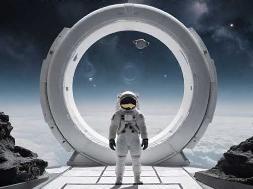 The image shows an astronaut standing on a platform with their back facing the camera and holding onto a handle attached to a large circular structure that is white with a black border. The astronaut is wearing a white spacesuit with gold accents and has a helmet with a visor. In the background, there are planets visible in the distance.