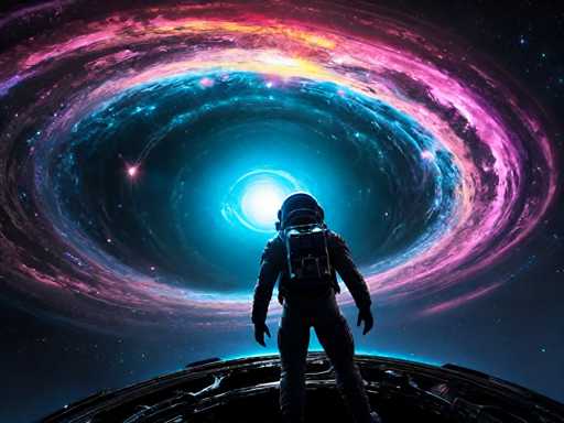 A person wearing a black spacesuit stands on a platform with their back facing the camera and is looking towards a large spiral galaxy that has a bright blue center surrounded by pink and purple hues.