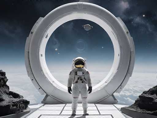 A lone astronaut in a white spacesuit stands facing a large, circular portal. The astronaut is positioned centrally on a platform with rocky surroundings, looking out at a view of Earth and space. The portal is the focal point, framing a distant, swirling nebula-like view of space with a small satellite visible within. The overall style is futuristic and serene, emphasizing the vastness of space and the astronaut's solitary journey.