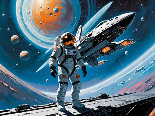 A detailed, vibrant digital painting of an astronaut standing on a futuristic spaceship platform in deep space. The astronaut is clad in a sleek, white and orange spacesuit with visible details like the helmet visor reflecting a swirling, colorful nebula. The spaceship is dark and angular, with glowing orange engine ports emitting bright light. In the background, a large, swirling planet with orange and blue hues dominates the scene, surrounded by several smaller planets in various stages of orbit. The overall style is reminiscent of a retro-futuristic aesthetic, with bold lines and a sense of vastness. The lighting is dramatic, highlighting the astronaut and spaceship against the dark backdrop of space.