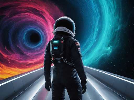 A lone astronaut stands facing a swirling, vibrant vortex of cosmic energy in the background. The astronaut is clad in a sleek black spacesuit with a glowing blue backpack, and their helmet obscures their face. They are positioned on a futuristic platform or walkway with glowing white edges, looking out at the mesmerizing cosmic phenomenon. The overall scene is a blend of science fiction and otherworldly beauty, with the astronaut seemingly on the verge of entering or observing this powerful cosmic event.