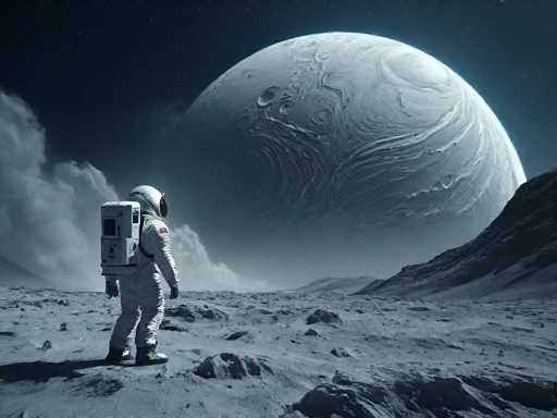 The image depicts a detailed, computer-generated scene of an astronaut on the surface of a rocky, gray planet. The astronaut, clad in a white spacesuit with a large, boxy backpack and a reflective helmet, stands on the left side of the image, gazing towards the right. The suit features a red flag on the shoulder and a black visor on the helmet. The ground is littered with rocks and craters, and a large, dark gray mountain rises on the right side of the frame. To the left, a thick cloud of smoke or dust billows upwards. The sky above is a deep blue, dotted with stars, and a massive, white planet with swirling patterns and craters looms in the background, partially obscured by the smoke. The overall color palette of the image is dominated by shades of gray, white, and blue, giving it a monochromatic yet vivid appearance.