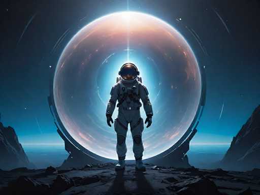 The image depicts a highly detailed, computer-generated scene of an astronaut standing on a rocky, alien planet's surface. The astronaut is clad in a white spacesuit with black gloves, a helmet featuring a reflective visor, and a backpack. The suit is adorned with various patches, including a prominent American flag on the left shoulder and a NASA logo on the right shoulder. The astronaut stands with arms at their sides, gazing towards a large, glowing orb in the sky. This orb, resembling a planet or moon, radiates a bright blue light with a pinkish-orange hue at its top, creating a stark contrast against the dark, star-studded sky. The scene is framed by jagged, rocky terrain, with a distant horizon that hints at a possible atmosphere. The overall composition suggests a moment of quiet contemplation as the astronaut observes the celestial spectacle above.