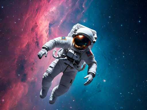 The image depicts an astronaut in a white spacesuit, floating in the vastness of space. The astronaut's suit features a prominent American flag on the left shoulder and a yellow patch with blue text on the right shoulder. The helmet is reflective, obscuring the astronaut's face. Attached to the suit are various tubes and equipment, including a white pack on the back and a black pack on the chest. The astronaut's hands are gloved, and the suit includes a zipper down the front and a pocket on the right leg. The background is a stunning display of the cosmos, with a vibrant red nebula on the left and a deep blue expanse on the right, dotted with countless stars. The scene captures the serene beauty and isolation of space exploration.