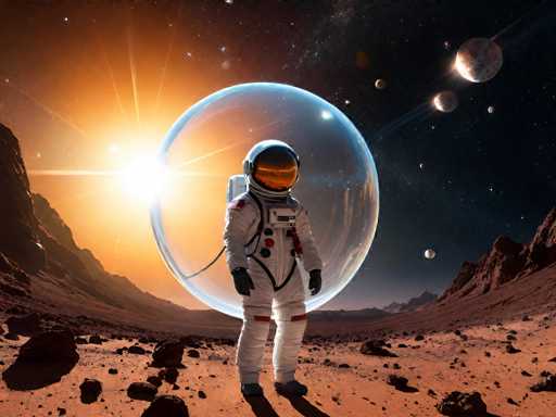 The image depicts an astronaut in a white spacesuit with black gloves, standing on a rocky, reddish-brown surface that resembles the surface of Mars. The astronaut is positioned in the center of the image, facing the camera, with a large, transparent bubble helmet that reflects the orange glow of the sun. The sun is located in the top left corner, casting a bright light that illuminates the scene. Surrounding the astronaut are rugged, mountainous terrain and numerous craters. The sky above is a deep blue, dotted with stars and several planets, including a prominent large planet in the top right corner. The overall scene is set in a vast, alien landscape, with the astronaut appearing small against the expansive and detailed backdrop of space.