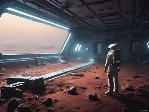 The image depicts a highly detailed, computer-generated scene of an astronaut in a white spacesuit with a black visor, standing inside a futuristic spacecraft on the surface of Mars. The astronaut is positioned on the right side of the image, facing away from the viewer, with a backpack featuring a blue square and a white circle. The spacecraft's interior is illuminated by fluorescent lights, casting a blue glow on the metallic walls and ceiling. The floor is covered in red dirt and scattered rocks, with a long metal track extending from the foreground to the background. To the left, a large window reveals a hazy, reddish-brown Martian landscape with distant hills and mountains. The overall atmosphere is dark and somewhat eerie, emphasizing the isolation and vastness of space.