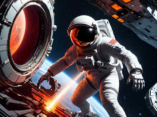 The image depicts an astronaut floating in space with a red planet and a black satellite visible behind them. The astronaut is wearing a white spacesuit and holding a camera, possibly capturing the view from their vantage point.