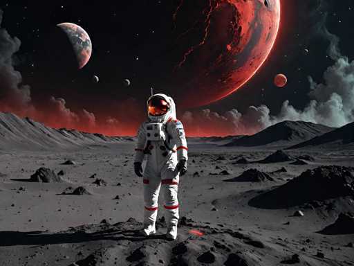 The image depicts a detailed, computer-generated scene of an astronaut standing on a gray, rocky, and cratered surface, likely the moon. The astronaut is dressed in a white spacesuit adorned with red stripes on the legs, arms, and chest, and a reflective orange visor on the helmet. The suit also features a white backpack with black straps and a blue patch on the shoulder. The astronaut stands with arms at their sides, gazing towards the viewer.

The background showcases a dramatic sky filled with stars and dominated by a large, red planet with black swirls, possibly Mars. To the left of this planet, there is a smaller, crescent-shaped planet that resembles Earth, with visible blue oceans and landmasses. Additionally, there are several smaller planets scattered across the sky. The horizon is lined with gray clouds, tinged with red hues, adding to the otherworldly atmosphere of the scene.