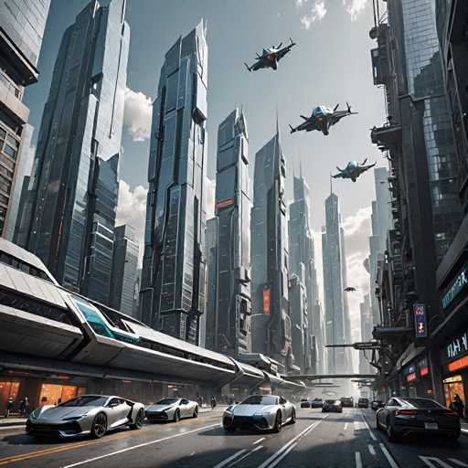 The image depicts a futuristic cityscape with tall buildings and sleek vehicles, including cars and airplanes, moving through the streets below. The sky above is clear blue with fluffy white clouds.