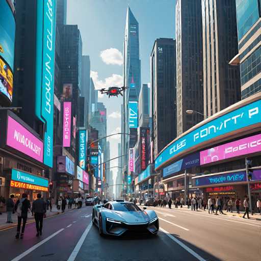 The image depicts a bustling city street scene with tall buildings on both sides and numerous people walking along the sidewalks. A sleek sports car is driving down the street, adding an element of modernity to the urban landscape. The sky above is clear blue with scattered clouds, providing a contrast to the concrete structures below.