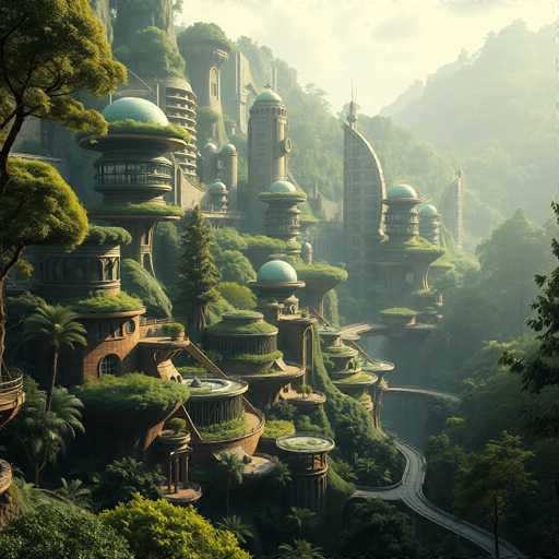 The image depicts a futuristic cityscape nestled within a lush forest. The buildings are constructed from green materials and feature unique designs that blend seamlessly with the surrounding nature. A winding road meanders through the dense foliage, leading to the city's center. The sky above is a clear blue, dotted with fluffy white clouds.