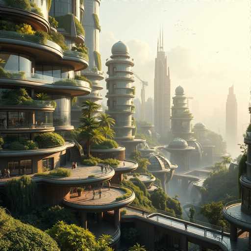 This image depicts a highly detailed, futuristic cityscape that appears to be AI-generated. The scene is dominated by tall, cylindrical skyscrapers with numerous circular balconies and terraces adorned with lush greenery, including palm trees and various plants. The buildings are interconnected by a network of elevated walkways and bridges, creating a complex urban landscape. In the foreground, a prominent building features a circular balcony with a few people standing on it, while another building in the background has a distinctive dome-shaped roof. The sky is a light blue, dotted with clouds and birds, adding to the serene yet advanced atmosphere. The overall color palette includes shades of green, brown, gray, white, and blue, enhancing the futuristic and somewhat otherworldly feel of the scene.