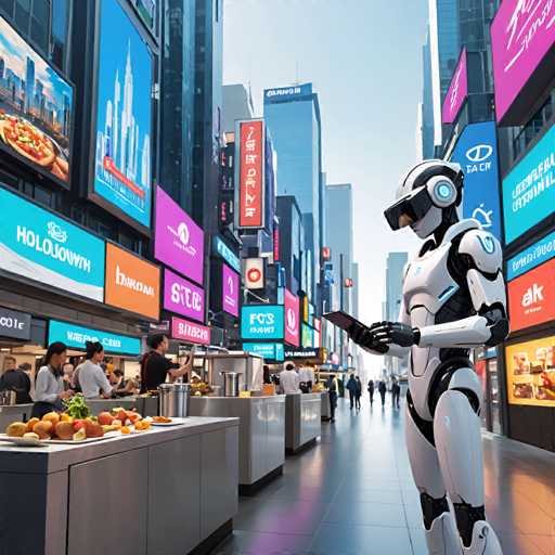 The image depicts a futuristic cityscape with tall buildings and neon signs. In the foreground, there is a robot standing on a black tiled floor, wearing a white suit and holding a tablet in its right hand. The background shows people walking around and various shops selling food and drinks.