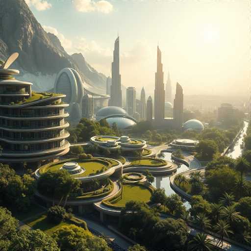 The image depicts a futuristic cityscape with tall buildings and skyscrapers reaching towards the sky. The city is surrounded by lush green trees and vegetation, creating a harmonious blend of nature and urban architecture. The sun shines brightly in the background, casting long shadows and highlighting the architectural details of the buildings.