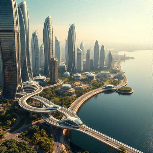 The image presents an aerial view of a futuristic cityscape with tall buildings and bridges spanning across the body of water below. The city is designed in a modern architectural style, characterized by curved structures that mimic the shape of the surrounding waterway. The sky above is a clear blue, providing a striking contrast to the urban landscape. The image does not contain any discernible text or human figures.