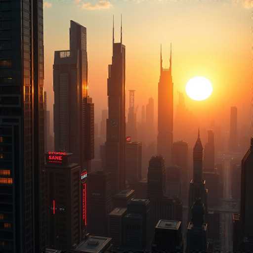 The image depicts a cityscape at sunset with tall buildings and skyscrapers bathed in warm hues of orange and yellow. The sun is setting behind the buildings, casting long shadows across the scene. The perspective is from a high vantage point, providing an expansive view of the city's skyline.