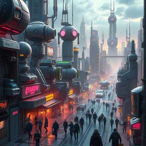 The image depicts a futuristic cityscape with tall buildings and skyscrapers reaching towards the sky. The buildings are illuminated by neon lights, creating a vibrant and dynamic scene. A large number of people can be seen walking on the sidewalks, adding a sense of scale to the towering structures. The perspective is from ground level, looking down the street, giving a unique view of this futuristic city.